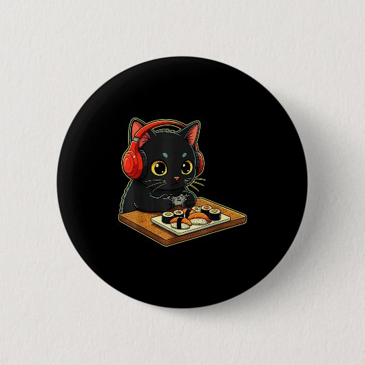 Cute Kawaii Black Cat Funny Sushi Retro Japanese C Ronde Button 5,7 Cm (Voorkant)