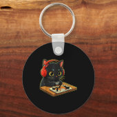 Cute Kawaii Black Cat Funny Sushi Retro Japanese C Sleutelhanger (Voorkant)