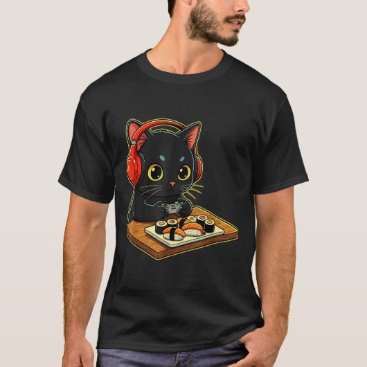 Cute Kawaii Black Cat Funny Sushi Retro Japanese C T-shirt (Voorkant)