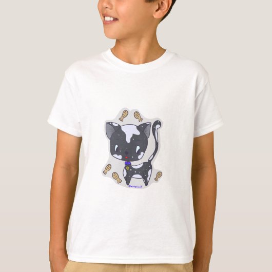 Cute Kawaii Black Cat with fish Boy's T shirt (Voorkant)