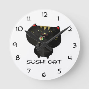 Cute Kawaii Black Sushi Cat Ronde Klok