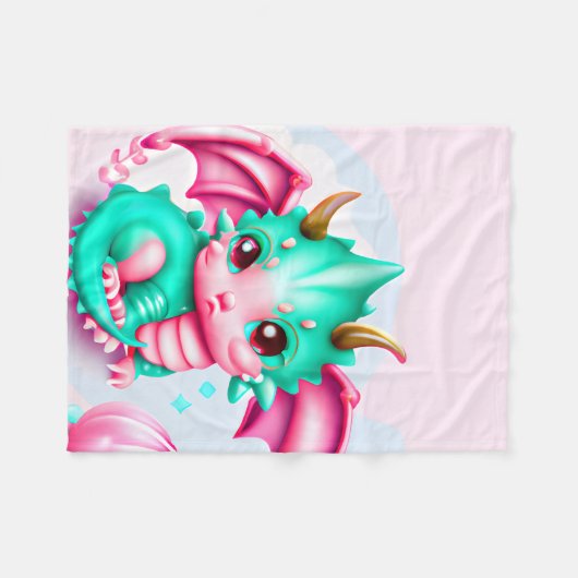 Cute Kawaii Blauwgroen en Roze Baby Dragon Fleece Deken (Voorkant (Horizontaal))