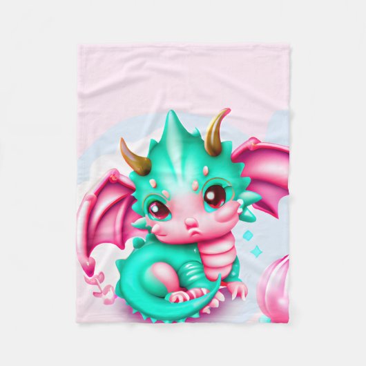 Cute Kawaii Blauwgroen en Roze Baby Dragon Fleece Deken (Voorkant)