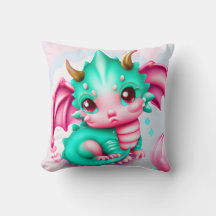 Cute Kawaii Blauwgroen en Roze Baby Dragon