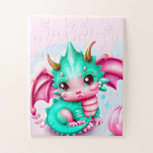 Cute Kawaii Blauwgroen en Roze Baby Dragon Legpuzzel