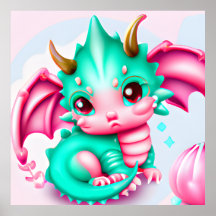 Cute Kawaii Blauwgroen en Roze Baby Dragon