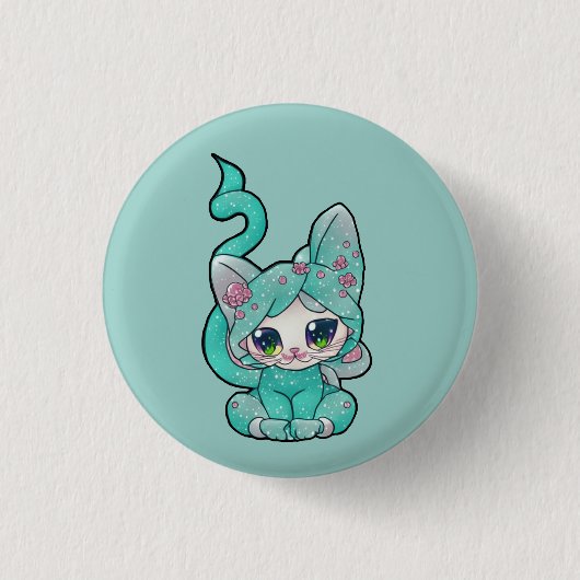 Cute Kawaii Blauwgroen Kitten Ronde Button 3,2 Cm (Voorkant)
