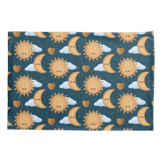 Cute Kawaii Blue Gold Sun Moon Hearts Kussensloop (Achterkant)