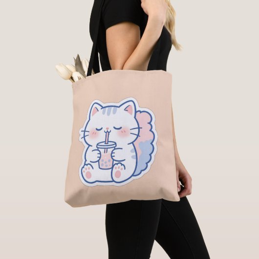 Cute Kawaii Boba Kat Bubble Tea Tote Tas (Dichtbij)