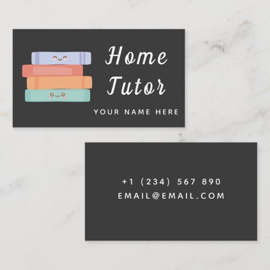 Cute Kawaii Books Home Tutor Teacher Simple Grey Visitekaartje (Voorkant / Achterkant)