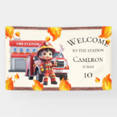 Cute Kawaii Boy Firefighter Fire Truck Party Spandoek (Horizontaal)