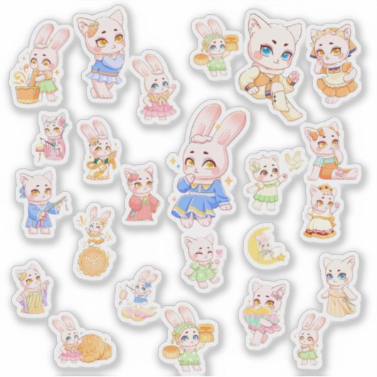 Cute Kawaii Bunny and Cat Stickers (Voorkant)