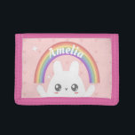 Cute Kawaii Bunny and Rainbow Personalized Drievoud Portemonnee<br><div class="desc">Cute kawaii fluffy bunny onder een gepersonaliseerde regenboog.</div>