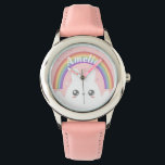 Cute Kawaii Bunny and Rainbow Personalized Horloge<br><div class="desc">Cute kawaii fluffy bunny onder een gepersonaliseerde regenboog.</div>