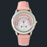Cute Kawaii Bunny and Rainbow Personalized Horloge<br><div class="desc">Cute kawaii fluffy bunny onder een gepersonaliseerde regenboog.</div>