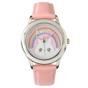 Cute Kawaii Bunny and Rainbow Personalized Horloge