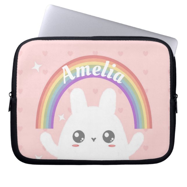 Cute Kawaii Bunny and Rainbow Personalized Laptop Sleeve (Voorkant)