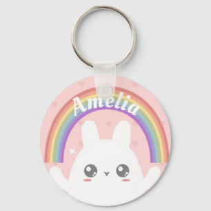 Cute Kawaii Bunny and Rainbow Personalized Sleutelhanger