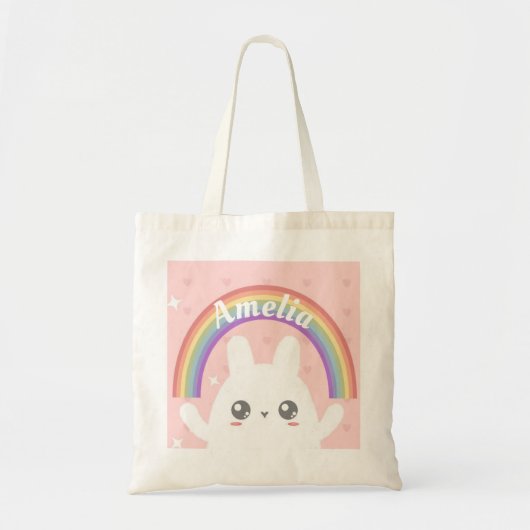 Cute Kawaii Bunny and Rainbow Personalized Tote Bag (Voorkant)