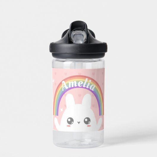 Cute Kawaii Bunny and Rainbow Personalized Waterfles (Voorkant)