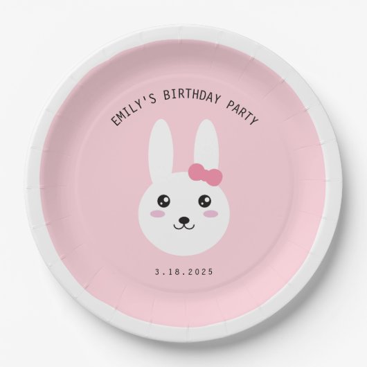 Cute Kawaii Bunny Bow Pink Birthday Celebration Papieren Bordje (Voorkant)
