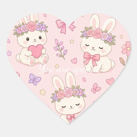 Cute Kawaii Bunny Flower Crown Pattern Hart Sticker (Voorkant)