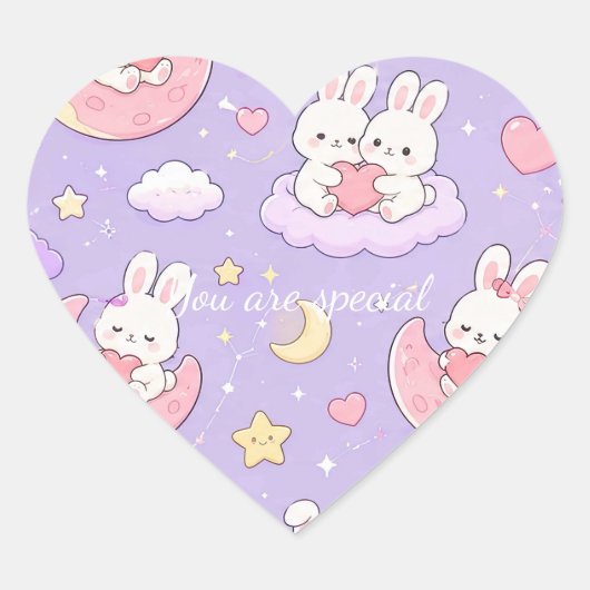Cute Kawaii Bunny Heart Moon Pattern Hart Sticker (Voorkant)