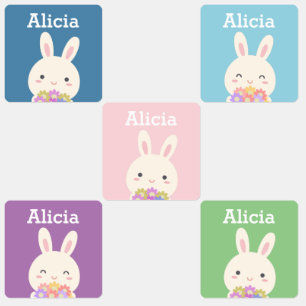 Cute Kawaii Bunny Rabbit & Colorful Pastel Flowers Labels