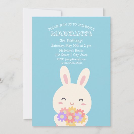 Cute Kawaii Bunny Rabbit & Flowers Kids Birthday Kaart (Voorkant)