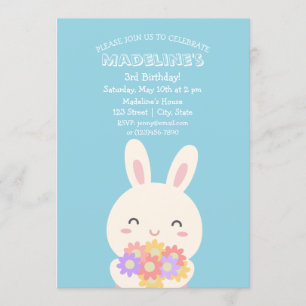 Cute Kawaii Bunny Rabbit & Flowers Kids Birthday Kaart