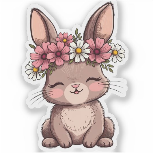 Cute Kawaii Bunny With Pink Flower Crown Sticker - (Voorkant)