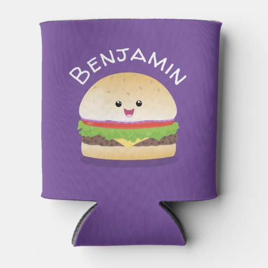 Cute kawaii burger cartoon illustratie blikjeskoeler (Voorkant)