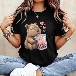 Cute Kawaii Capybara Drink Boba Bubble Tea Kawaii  T-shirt
