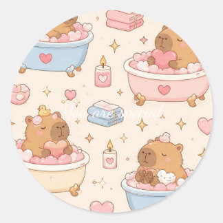 Cute Kawaii Capybara Heart Bath Pattern Ronde Sticker