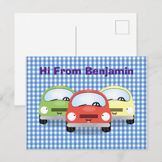 Cute kawaii cars cartoon illustratie briefkaart (Voorkant / Achterkant)