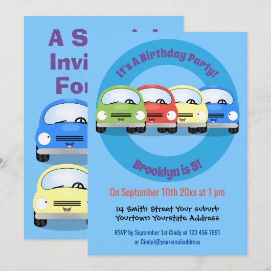 Cute kawaii cars cartoon illustratie kaart (Voorkant / Achterkant)