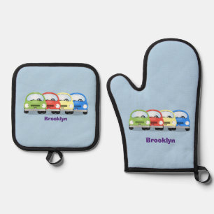 Cute kawaii cars cartoon illustratie ovenwant & pannenlap set