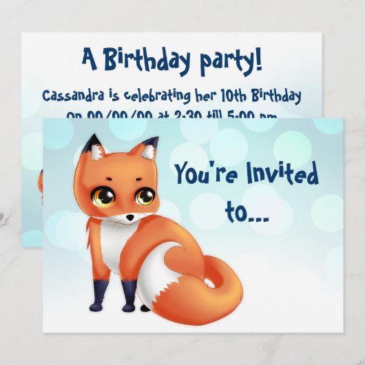 Cute Kawaii cartoon fox bithday party Kaart (Voorkant / Achterkant)