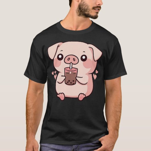 Cute kawaii cartoon pig drinking bubble tea (2) t-shirt (Voorkant)