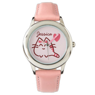 Cute Kawaii Cat and Heart Personalized Horloge
