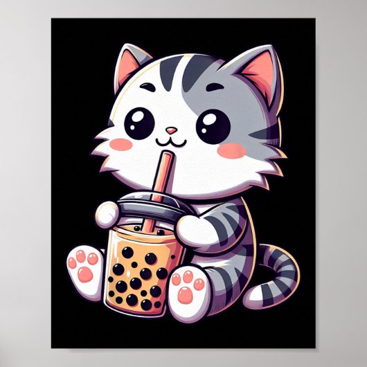 Cute Kawaii Cat Boba Bubble Milk Tea Anime Neko Ki Poster (Voorkant)