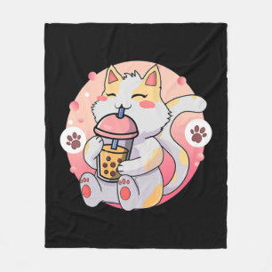 Cute Kawaii Cat Boba Tea Anime Kitten Gift Kinder Fleece Deken