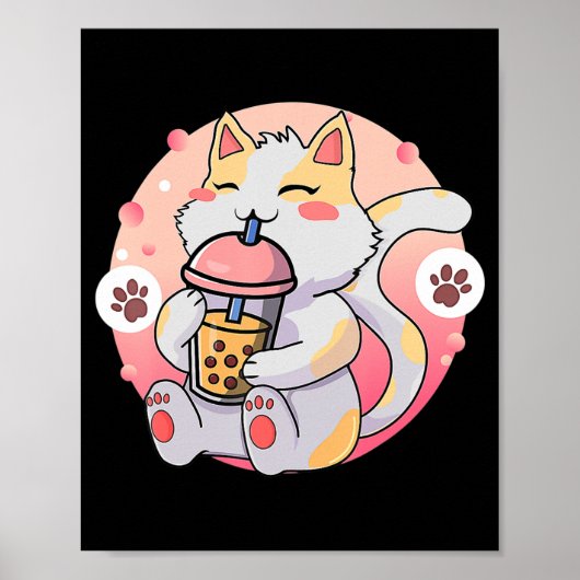 Cute Kawaii Cat Boba Tea Anime Kitten Gift Kinder  Poster (Voorkant)