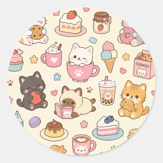Cute Kawaii Cat Café Pattern | Coffee and Dessert  Ronde Sticker (Voorkant)