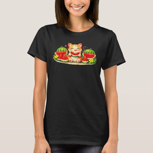 Cute Kawaii Cat Eating Watermelon Illustration T-shirt (Voorkant)