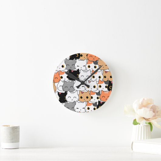 Cute Kawaii Cat Faces Pattern  Ronde Klok (Huis)