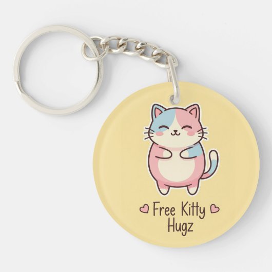 Cute Kawaii Cat "Free Kitty Hugz" Pastel Acrylic  Sleutelhanger (Voorkant)