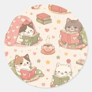 Cute Kawaii Cat Heart Book Pattern Ronde Sticker