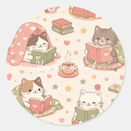 Cute Kawaii Cat Heart Book Pattern Ronde Sticker (Voorkant)
