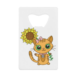 Cute Kawaii Cat Holding Flower Creditkaart Flessenopener